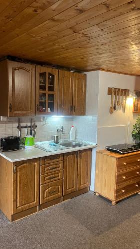 a kitchen with wooden cabinets and a sink at Drevenica u Porubäna in Jakubovany