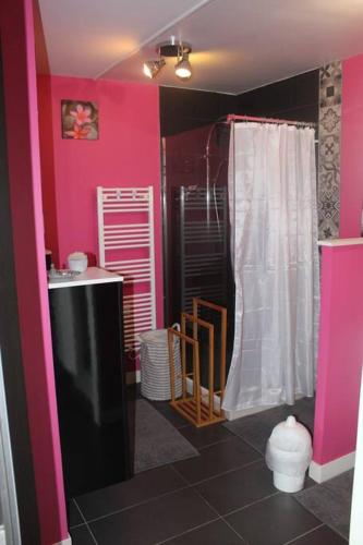 La salle de bains est pourvue de murs roses et d'une douche noire et blanche. dans l'établissement instant de rêve entre dune et mer, à Saint-Jean-de-la-Rivière