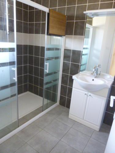 une salle de bain avec douche et lavabo dans l'établissement maison les lilas, à La Trivale