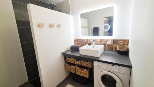 a bathroom with a washing machine and a sink at Appt Le Borgeal - rez de jardin, au calme in Les Villards-sur-Thônes