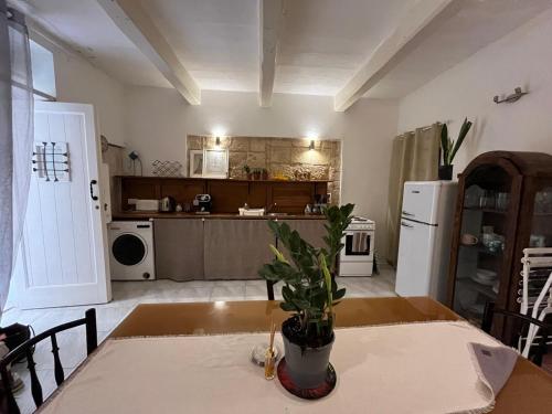 a kitchen with a table with a potted plant on it at townhouse cospicua , ( 3 cities-valletta ) ferry in Cospicua
