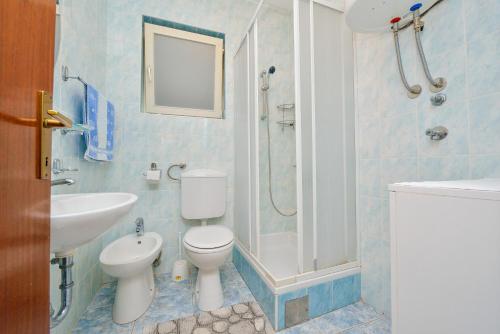 a bathroom with a toilet and a sink and a shower at Apartman Ivka A1 in Petrcane