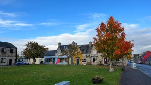 a house with a tree in the middle of a yard at Hotel Square in Tomintoul