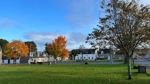a park with trees and houses in a town at Hotel Square in Tomintoul