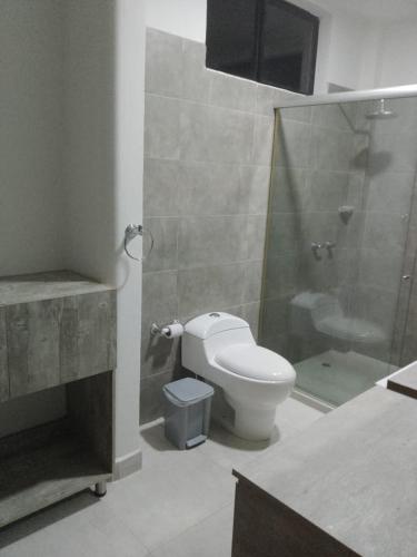 a bathroom with a toilet and a glass shower at Casa Lili in Sopetran