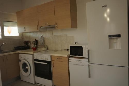 a kitchen with a refrigerator and a washer and dryer at Nicholas Waves Beach Studios in Lardos