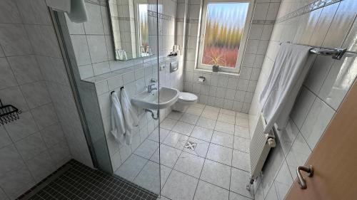 a bathroom with a sink and a toilet and a mirror at Bootshaus Hamm in Hamm