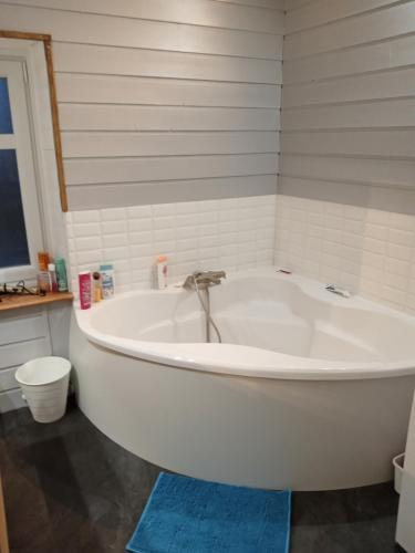 une baignoire blanche dans une salle de bain avec un tapis bleu dans l'établissement Appartement Dijon centre ville, à Dijon