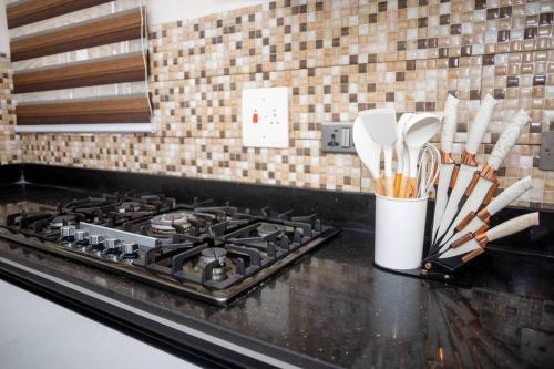 a kitchen counter with a stove and some utensils at West End Mansion in Ikota