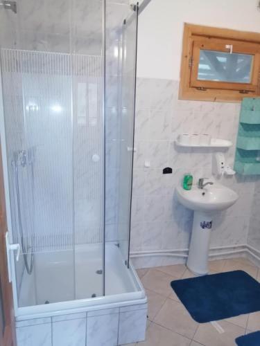 a bathroom with a shower and a sink at Békény Kulcsosház in Gheorgheni