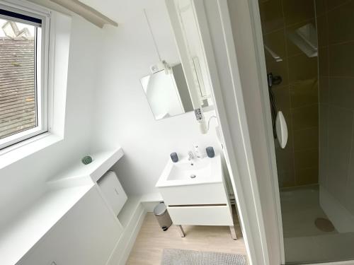 une salle de bain blanche avec un lavabo et une douche dans l'établissement Saint Romain 3, à Rouen