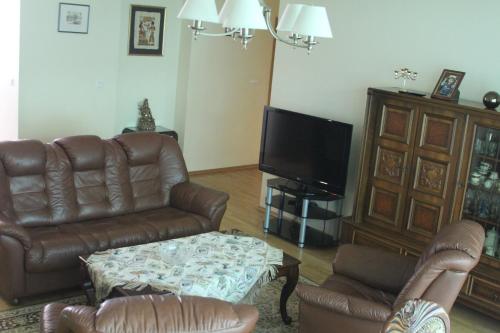 a living room with leather furniture and a flat screen tv at Vingis Park Apartments with 2 Bedrooms & Free Parking in Vilnius