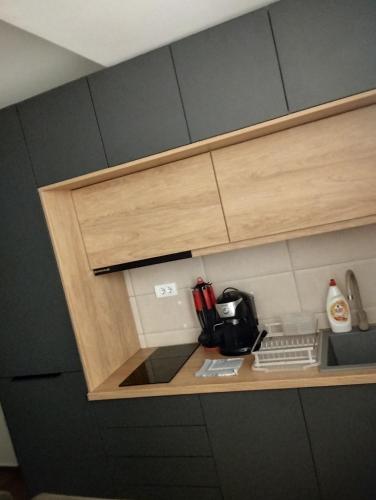 a kitchen counter with a wooden shelf with a kitchen appliance at Lela Kop in Kopaonik