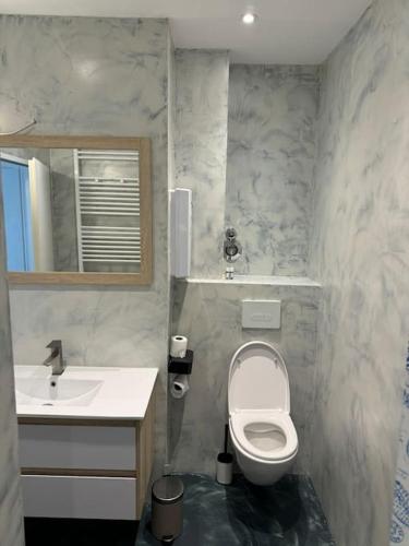 a bathroom with a toilet and a sink at Gemütliche Wohnung in Heilbronn in Heilbronn