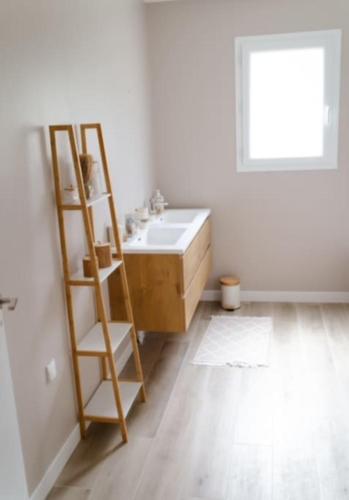 La salle de bains est pourvue d'une échelle et d'un lavabo. dans l'établissement Chez Rachou, à Candé-sur-Beuvron