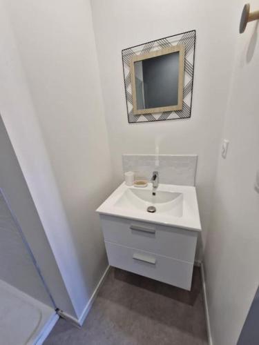 une salle de bain blanche avec un lavabo et un miroir dans l'établissement Appt Canada 4, à Valenciennes