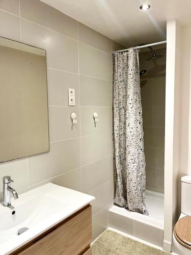 une salle de bain avec un lavabo et un rideau de douche dans l'établissement Appartement les Falaises, au Cap d'Agde