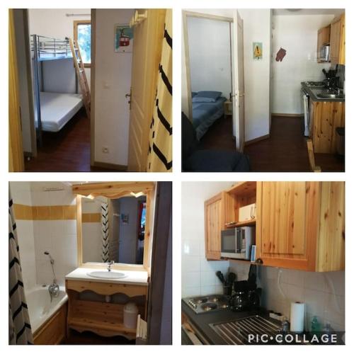 4 photos différentes d'une cuisine et d'une chambre dans l'établissement Valfréjus appartement 6-8 personnes, à Modane