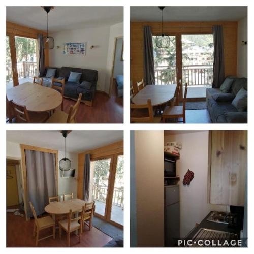 Quatre photos d'un salon et d'une cuisine avec une table dans l'établissement Valfréjus appartement 6-8 personnes, à Modane