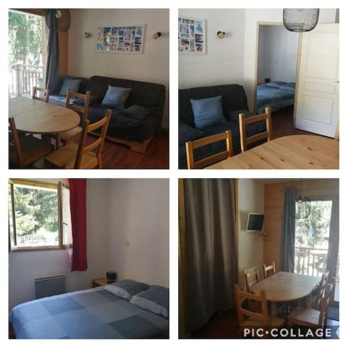 4 photos d'un salon et d'une salle à manger dans l'établissement Valfréjus appartement 6-8 personnes, à Modane