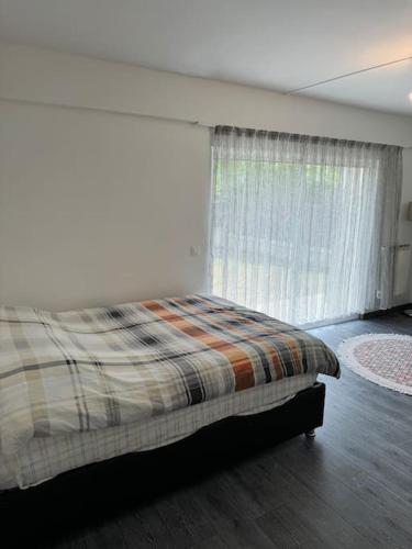 ブロンにあるMaison avec Jardin Bron Centre Proche EUREXPOのベッドルーム1室(窓、ラグ付)