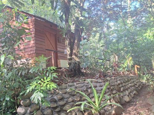 a cabin in the woods with a stone wall in front of it at Guapote Lodge in Tigra