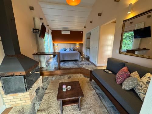 a living room with a couch and a fireplace at Auberge Suisse Pousada in Nova Friburgo