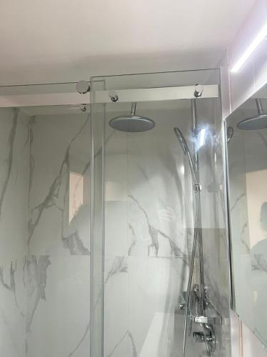 a shower with a glass door in a bathroom at Gli scogli a due passi in Portovenere