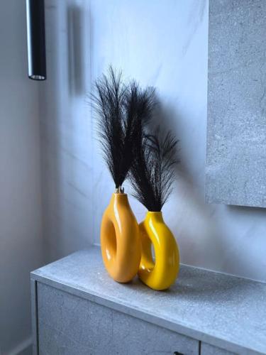 two yellow vases with black feathers sitting on a counter at Adeluxe Home - Luxury 2 Bedroom Entire House with Free WiFi, Disney, Netflix and Amazon Prime Included in Burton upon Trent