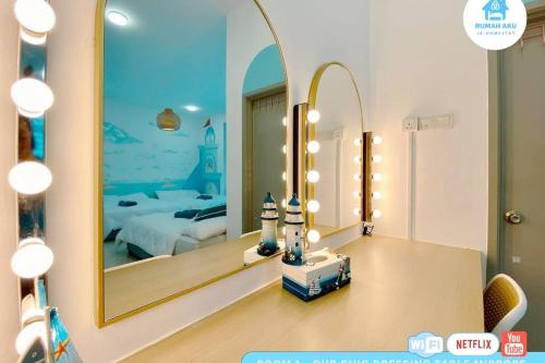 a bedroom with a large mirror and a bed at Spacious Theme Villa w BBQ-Game On-KTV in Johor Bahru in Iskandar Puteri
