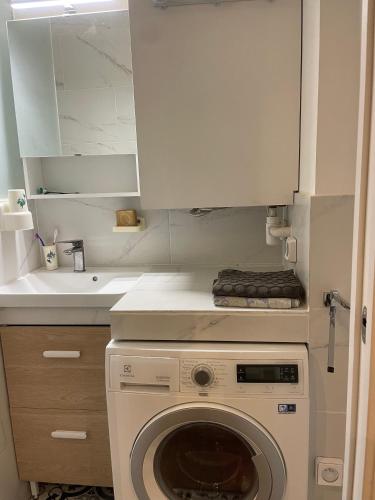 - un lave-linge dans la cuisine équipée d'un évier dans l'établissement Appartement au cœur de Paris, à Paris