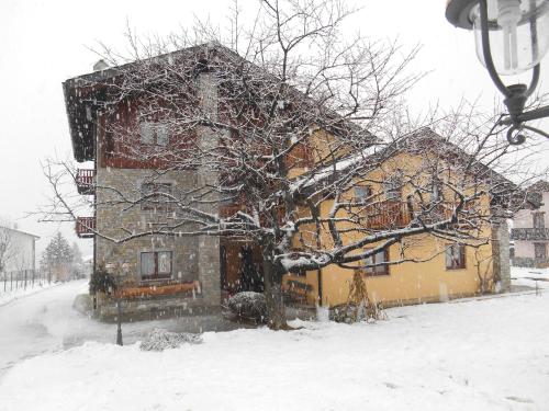 a snow covered house with a tree in front of it at La Vigne de Papagran in Aosta