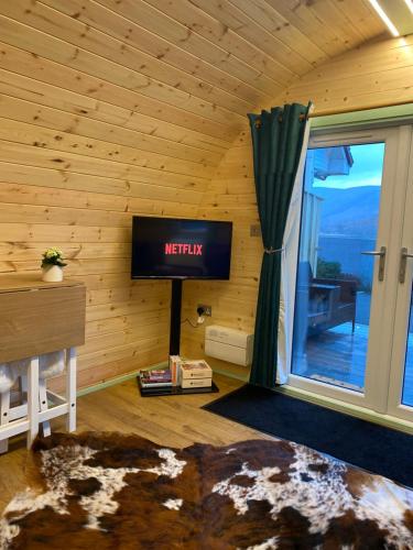 a living room with a television in a wooden wall at Torlinnhe in Fort William