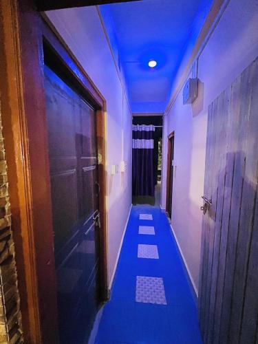 a hallway with a blue ceiling and a blue floor at Rise And Shine Homestay in Mirik