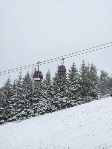 two gondolas on a ski lift in the snow at Haus Nina near Willingen and Winterberg in Olsberg