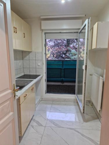 une cuisine avec une porte en verre menant à une douche dans l'établissement Appartement 3 chambre 74m2, à Mulhouse