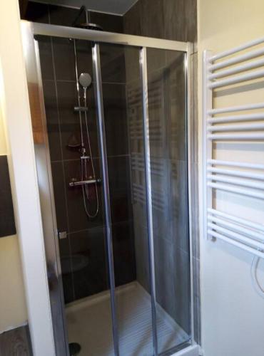 une douche avec une porte vitrée dans une salle de bain dans l'établissement Nouveau loft à moins de 100m du lac classé 2 étoiles, à Gérardmer