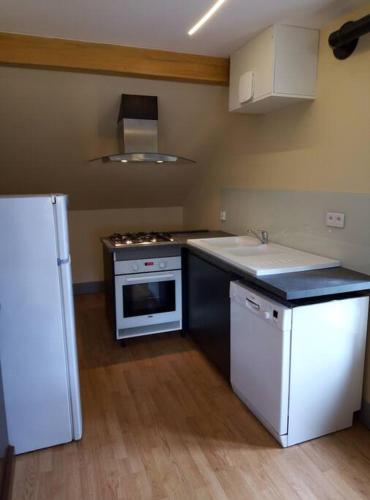 La cuisine est équipée d'une cuisinière, d'un évier et d'un réfrigérateur. dans l'établissement Nouveau loft à moins de 100m du lac classé 2 étoiles, à Gérardmer