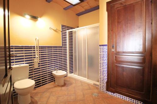 a bathroom with a toilet and a walk in shower at Casa de la Jara by SIERRA VIVA in La Nava