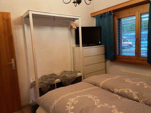 a bedroom with a bed and a flat screen tv at Casa Tresch Sedrun Tujetsch bis 5 Pers in Sedrun
