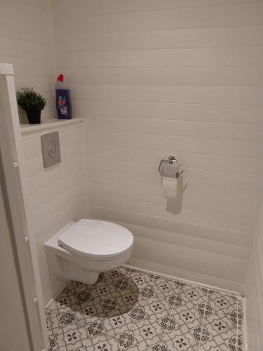 une salle de bain avec des toilettes blanches dans une chambre dans l'établissement 'Le patio' Appartement avec terrasse, à Royan
