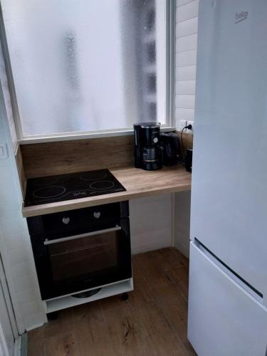 Il comprend une cuisine équipée d'un comptoir avec une cuisinière et un réfrigérateur. dans l'établissement 'Le patio' Appartement avec terrasse, à Royan