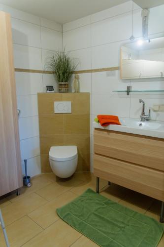 a bathroom with a toilet and a sink at Collenberger Ferienwohnung Schäfer in Reistenhausen