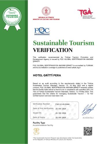 a permit for a sustainable tourism ver validation document at Hotel Gritti Pera & Spa in Istanbul