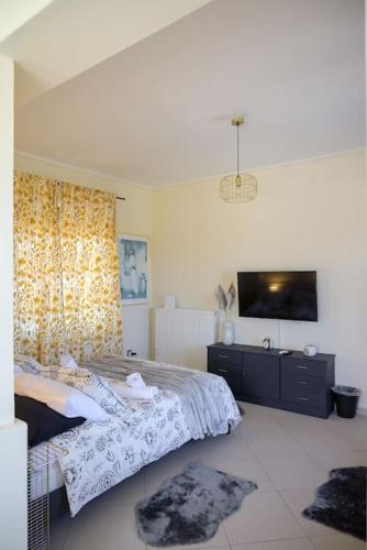 a bedroom with a bed and a flat screen tv at Alba - Open Plan Apartment in Artemida