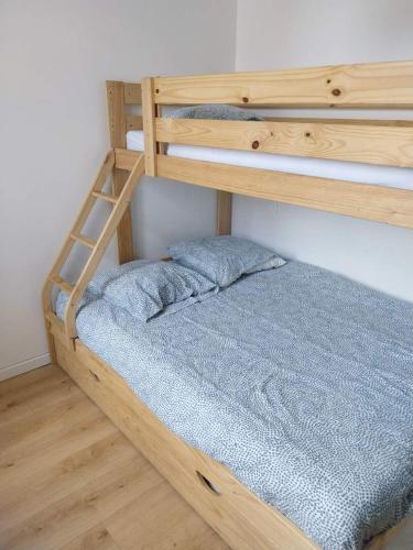 Ce lit superposé en bois se trouve dans un dortoir avec une échelle. dans l'établissement 