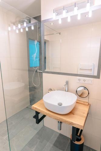 a bathroom with a sink and a shower at Höhenweg Appartement & Ferienwohnung in Mariapfarr