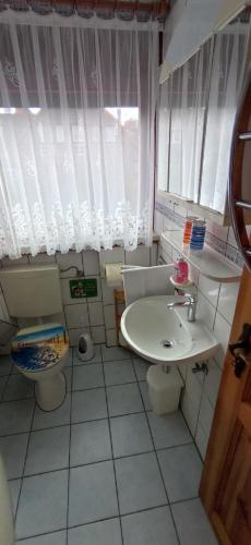 a bathroom with a sink and a toilet at Ferienwohnung Papsdorf in Bad Münder am Deister