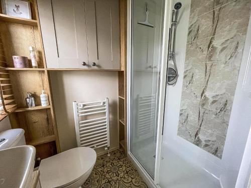 a bathroom with a shower and a toilet at Modern Caravan With Large Decking Area, Ref 60057Ch in Saxmundham