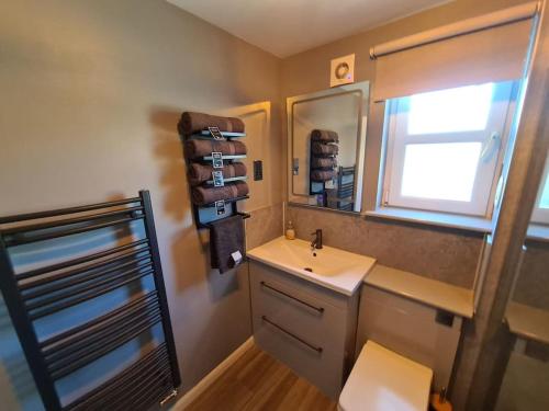 a bathroom with a sink and a mirror at Modern 2 Bed Flat with Parking in Aberdeen